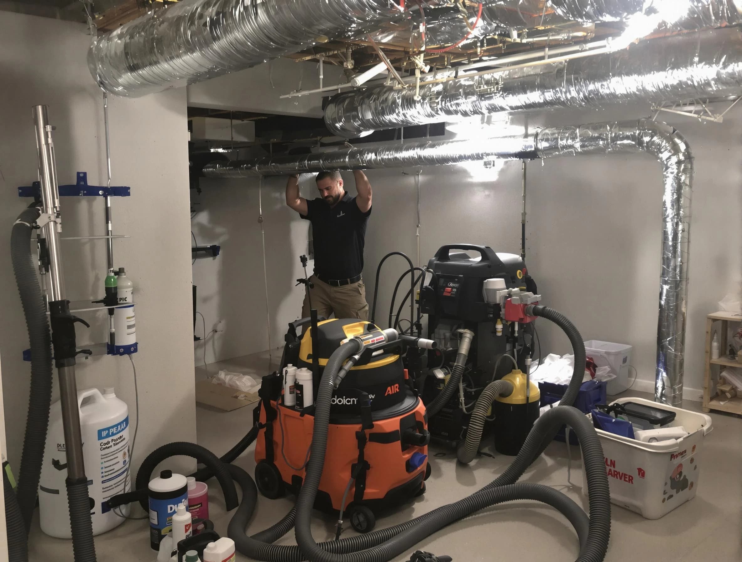 Columbine Air Duct Cleaning specialist performing professional mold removal from air ducts using safety equipment in Columbine